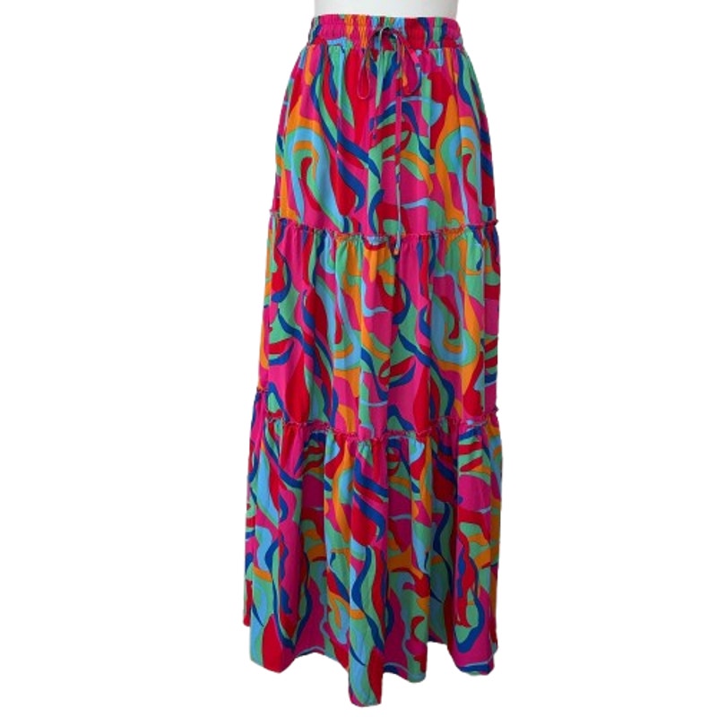 Pink, Blue, Green, Orange, Red Patterned BohoTiered Maxi Skirt Womens Size Small
