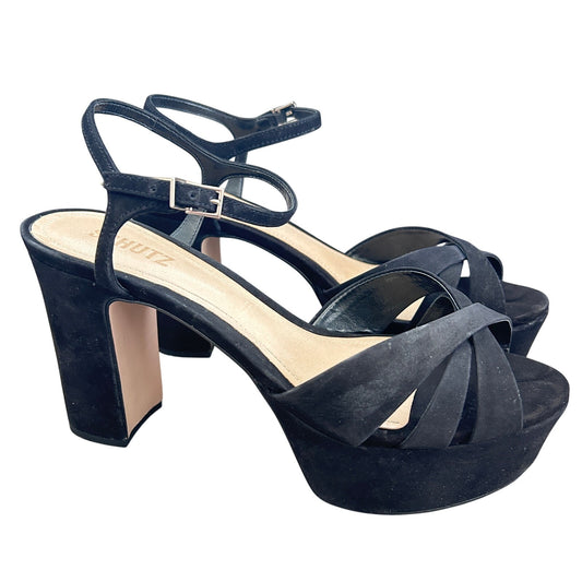 Schutz Keefa Platform Strappy Sandal Heels Black Nubuck Leather Womens Size 9 B