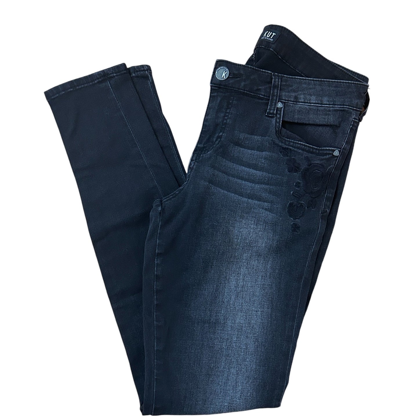 KUT from the Kloth Black Skinny Jeans Black Floral Embroidery Womens Size 8
