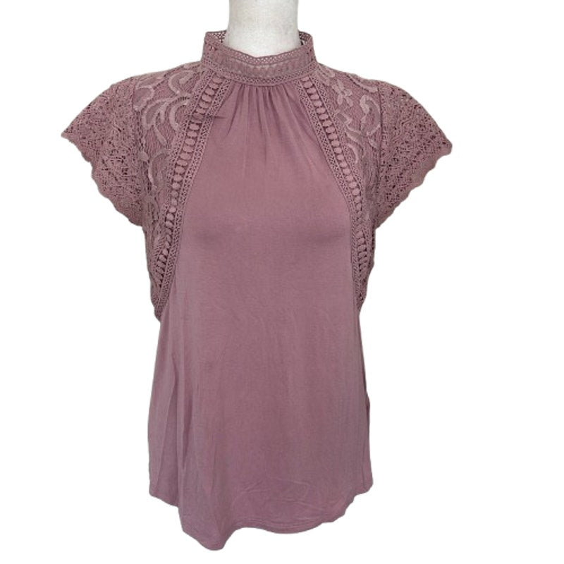Cable & Gauge Pink Lacy Flutter Sleeve Mock Neck Blouse Womens Size Small