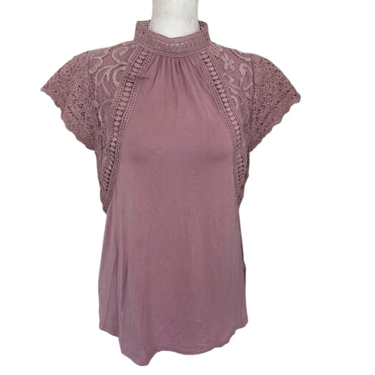Cable & Gauge Pink Lacy Flutter Sleeve Mock Neck Blouse Womens Size Small