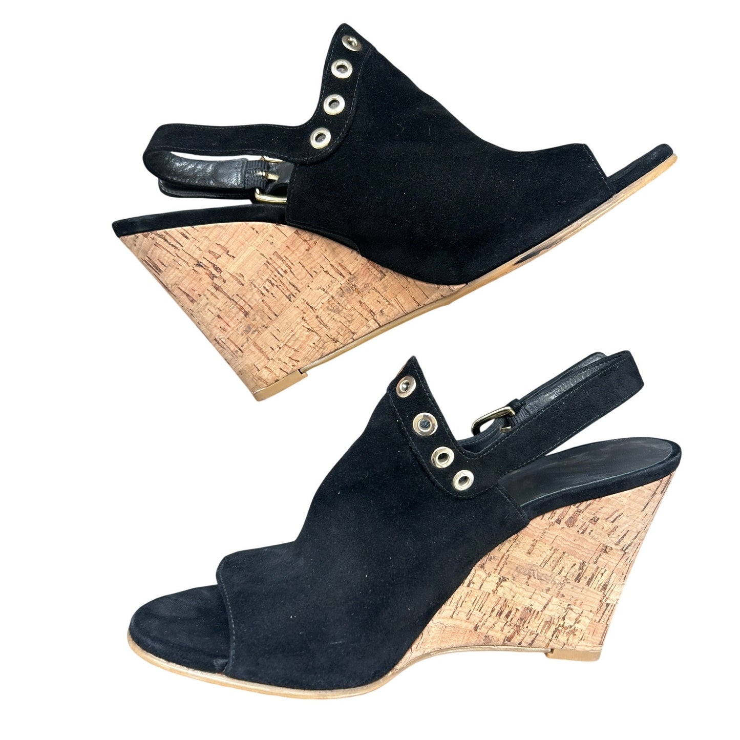 Stuart Weitzman Black Suede Cork Wedge Peep Toe Slingback Sandals Womens Size 9