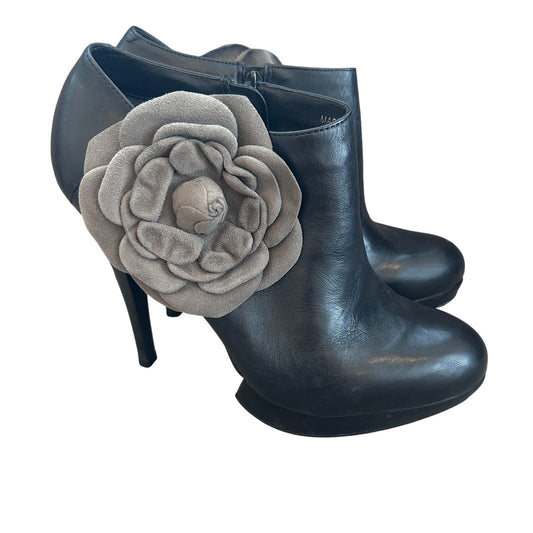 Kelsi Dagger Rosabella Black Grey Leather Heeled Platform Boots Womens Size 8.5