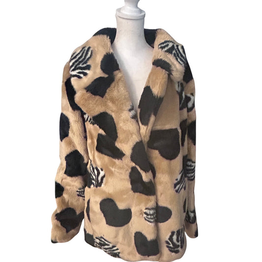 Anthropologie Maeve Faux Fur Coat Tan, Black and Zebra Hearts Womens Size Medium