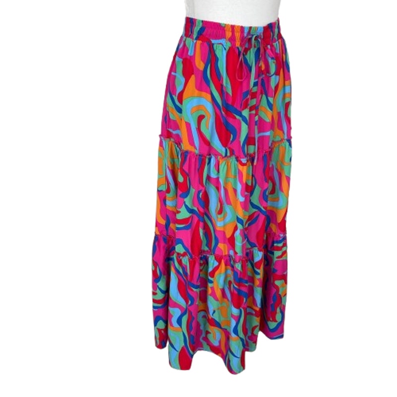 Pink, Blue, Green, Orange, Red Patterned BohoTiered Maxi Skirt Womens Size Small