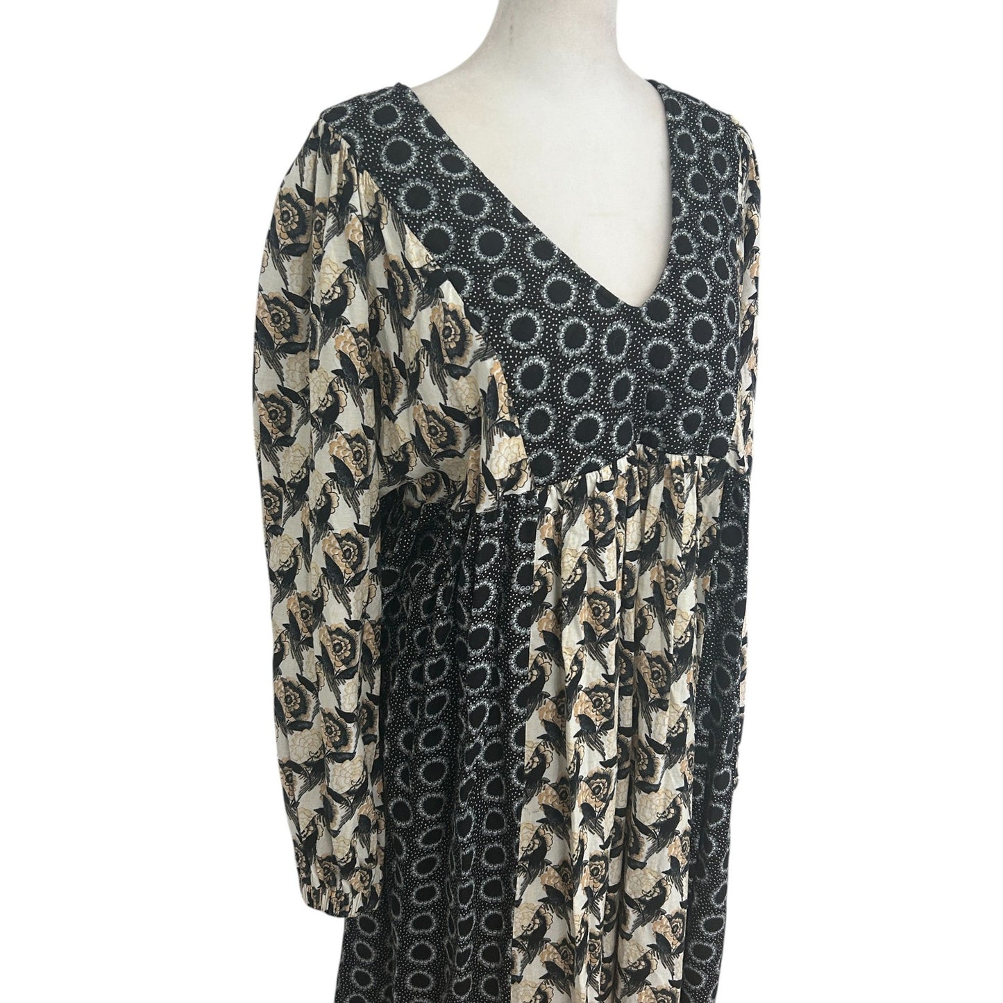 Treasure & Bond Black, Tan, Gold Floral Long Sleeve Maxi Dress Womens Size Large