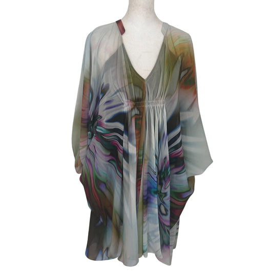 Maggy London Grey Gold Green Purple Mini Kaftan Boho Tunic Dress Womens Size 6