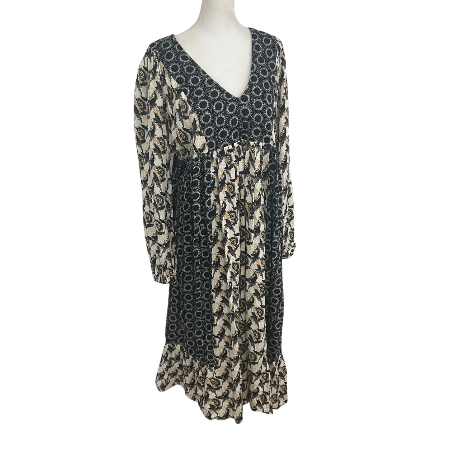 Treasure & Bond Black, Tan, Gold Floral Long Sleeve Maxi Dress Womens Size Large