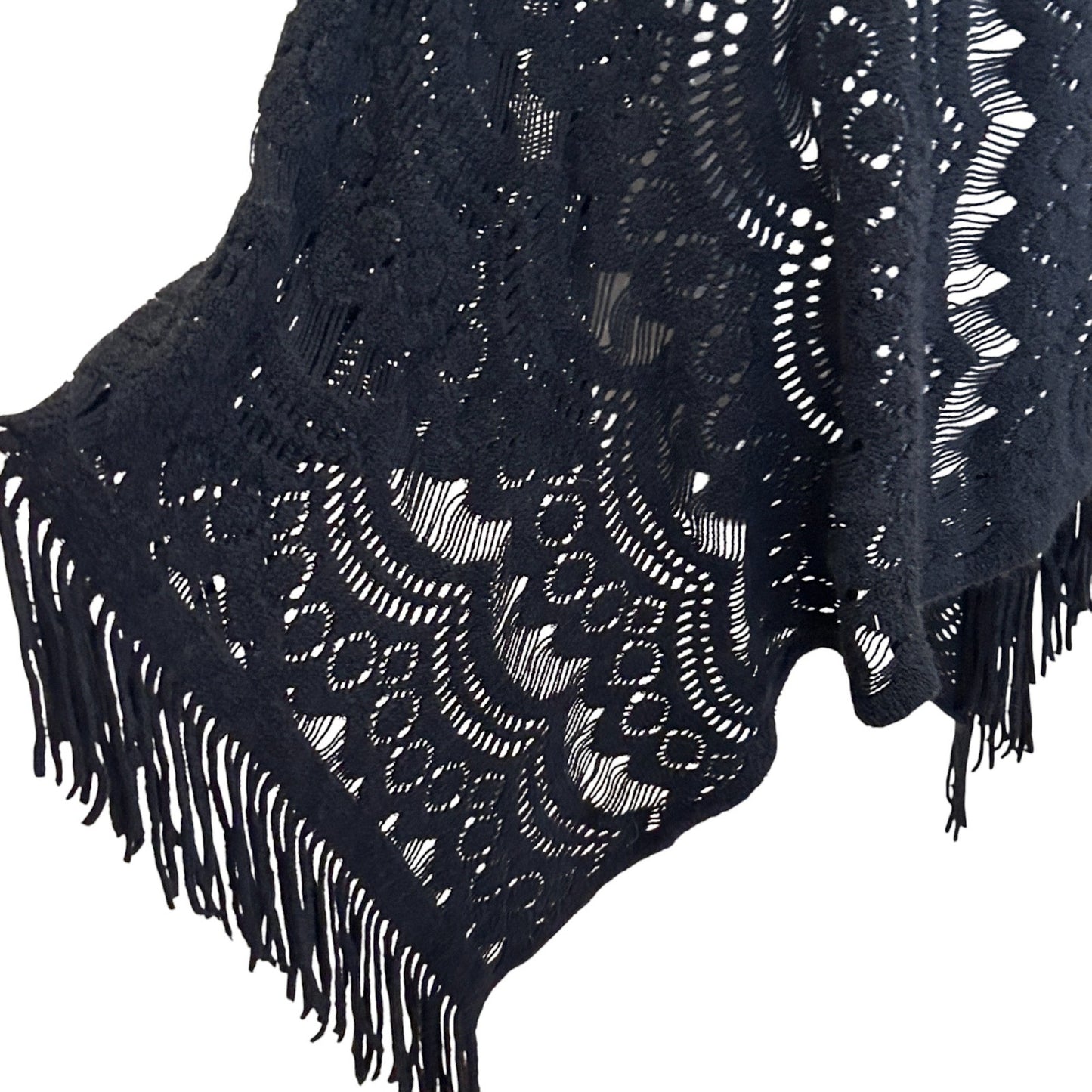 Do Everything In Love Black Crocheted and Fringed Poncho One Size