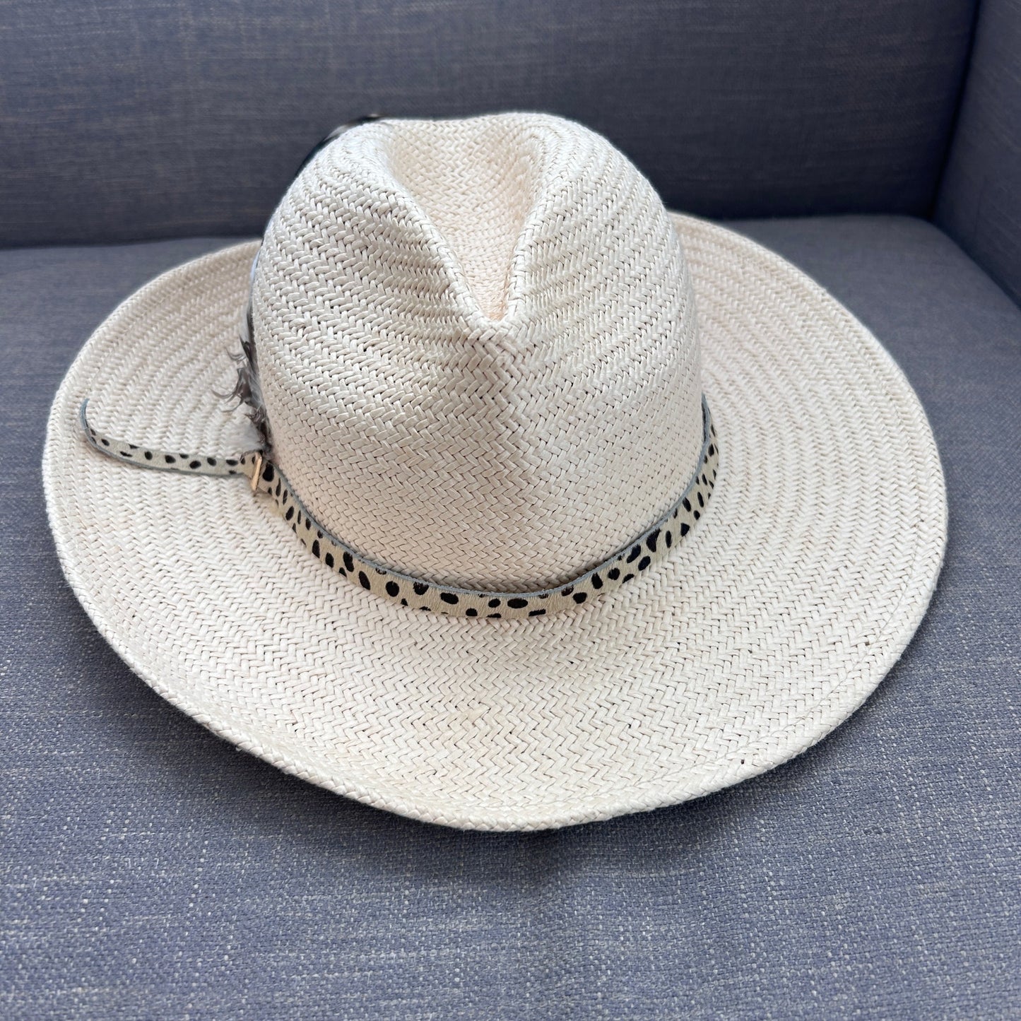 India Hicks Hat Attack Tan Straw Hat With Animal Print Band and Feather