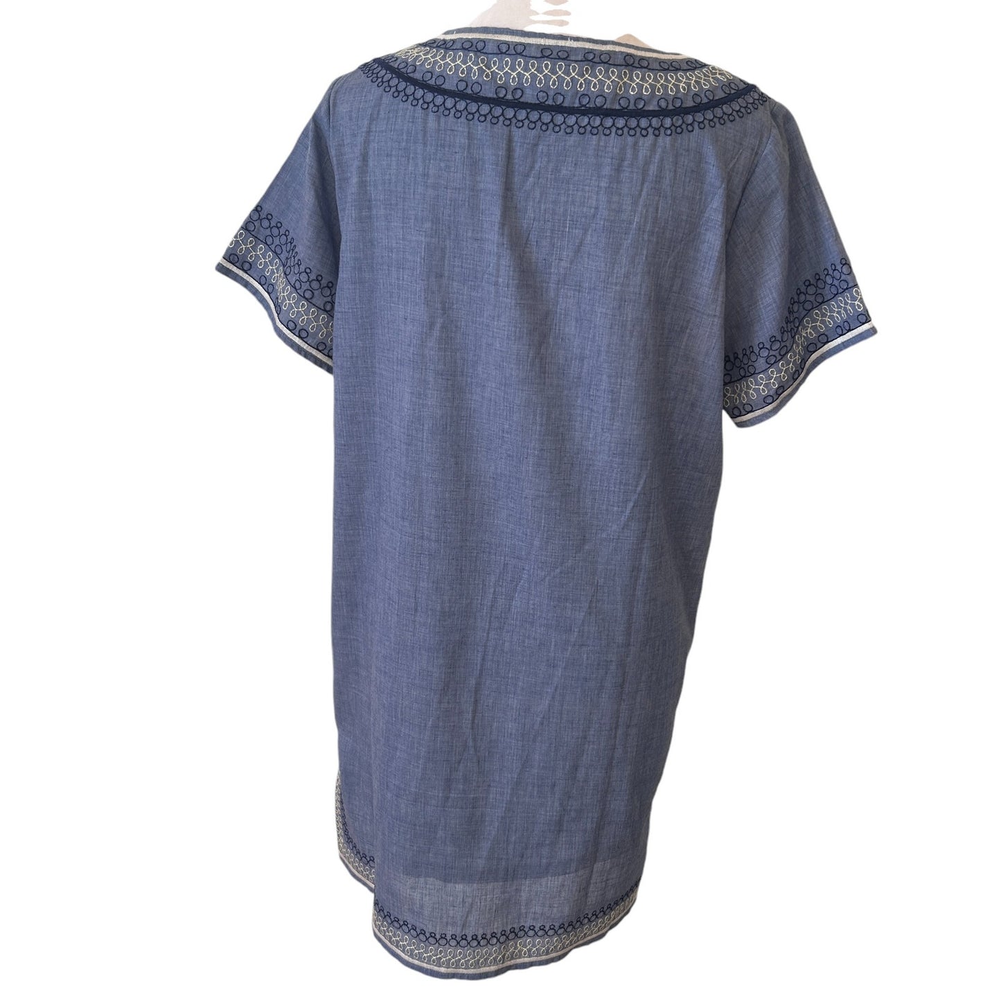 THML Blue Chambray Embroidered V-Neck Boho Mini Shift Dress Womens Size Small
