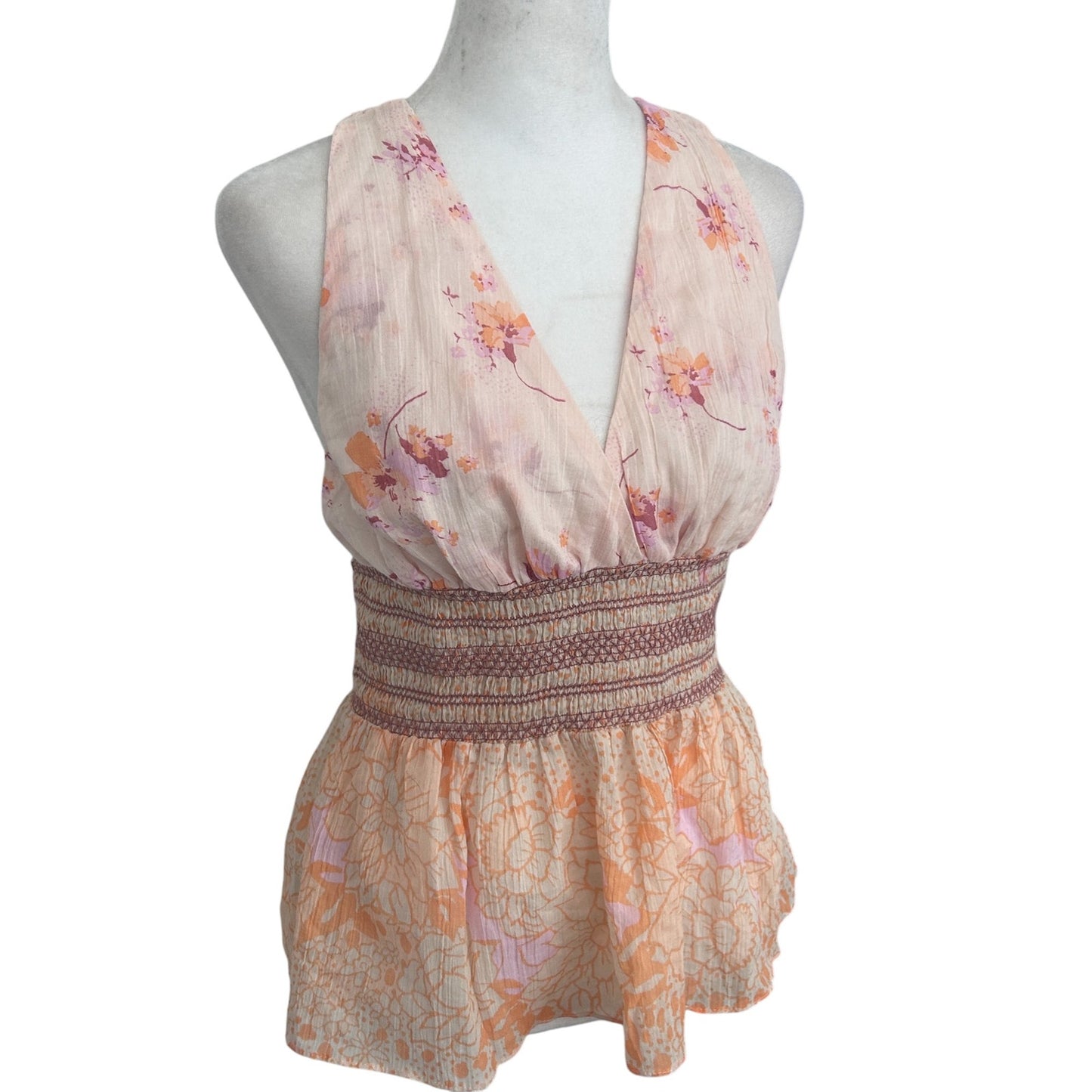 Free People NWT Brinkley Smocked Tan Pink Orange Floral Womens Size Small NEW