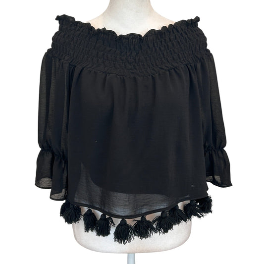 Misa Los Angeles Black Off The Shoulder Boho Top Tassle Hem Womens Size Small
