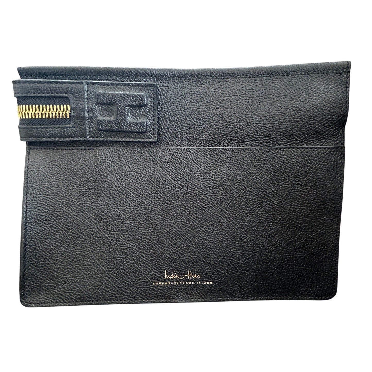 India Hicks Black Big Zipper Pebbled Leather Clutch Bag