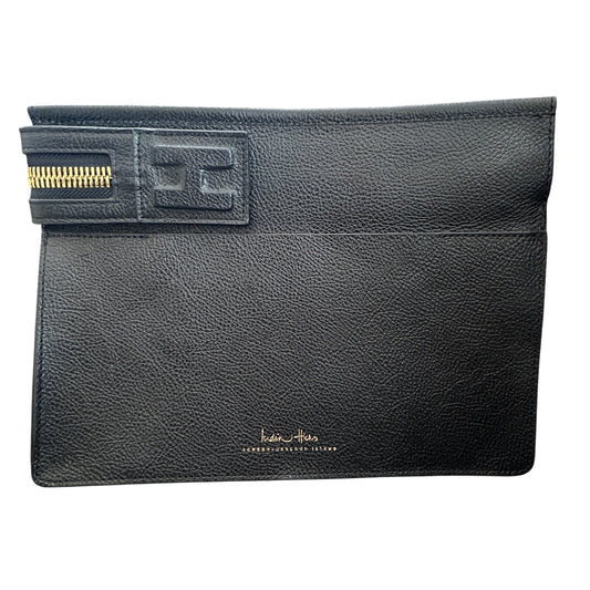 India Hicks Black Big Zipper Pebbled Leather Clutch Bag