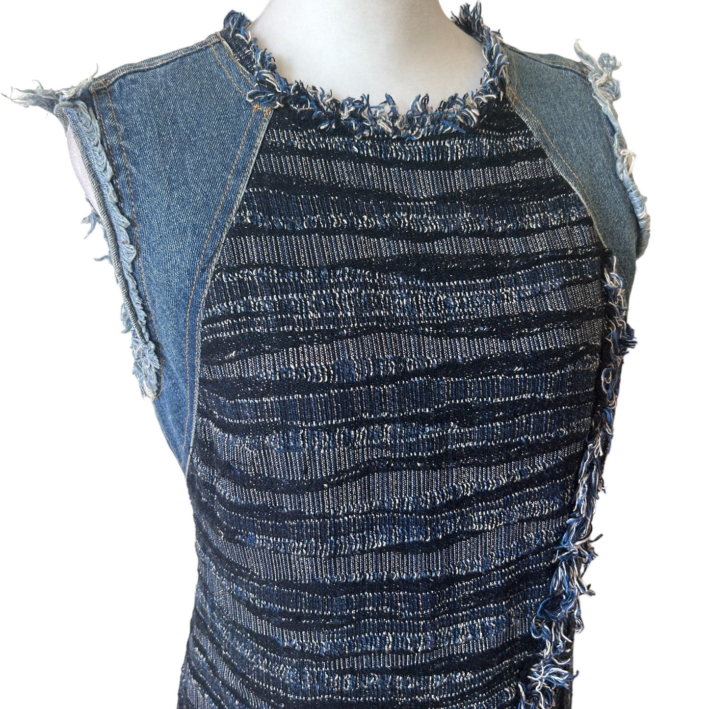 Rebecca Taylor Blue Tweed and Denim Sleeveless Shift Dress Fringe Womens Size 4