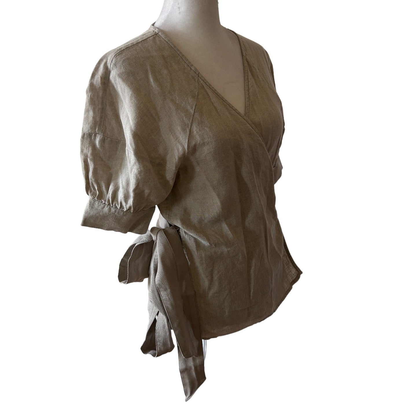 Club Monaco Tan Beige Linen Short Sleeve Wrap Top Blouse Womens Size XS