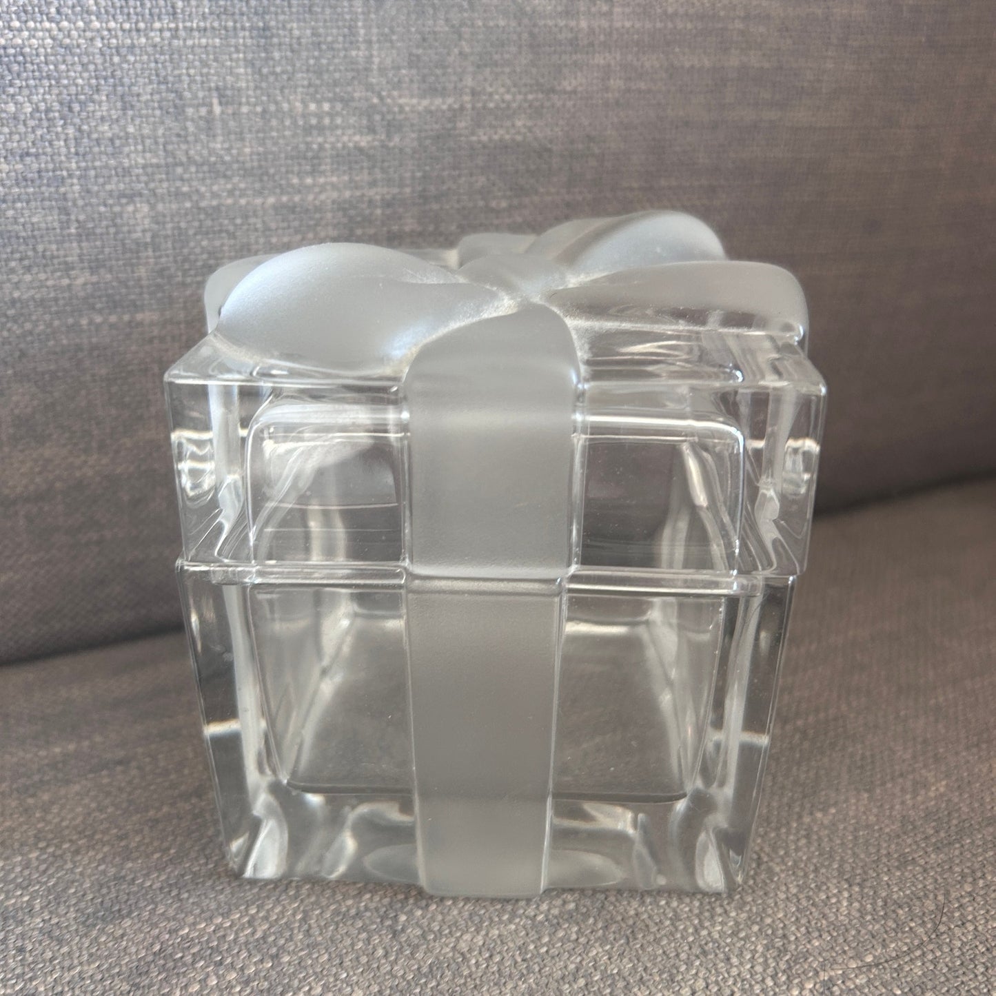 Tiffany Clear Glass Trinket / Jewelry Box Frosted Ribbon and Bow 3.25" Cube