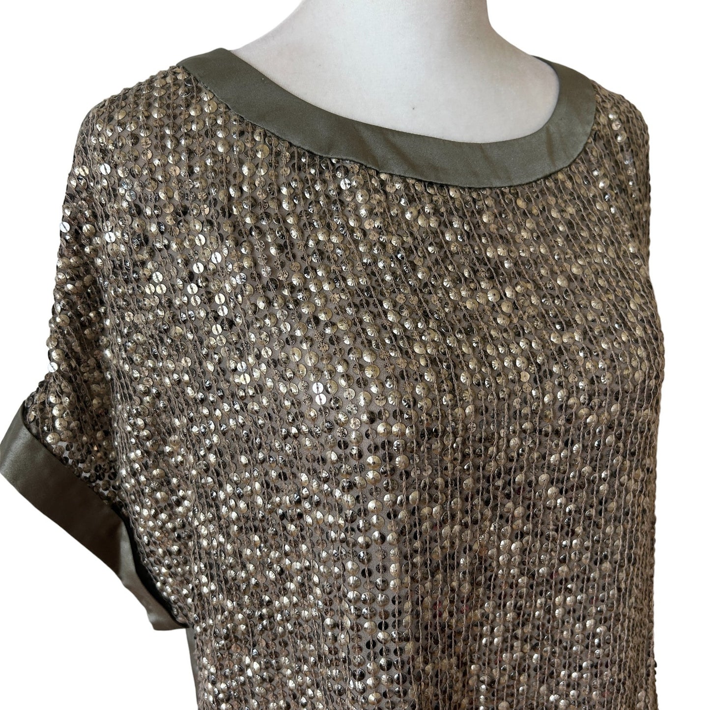 Carlisle Taupe Silk Boxy Short Sleeve Sequined Top Womens Size 10