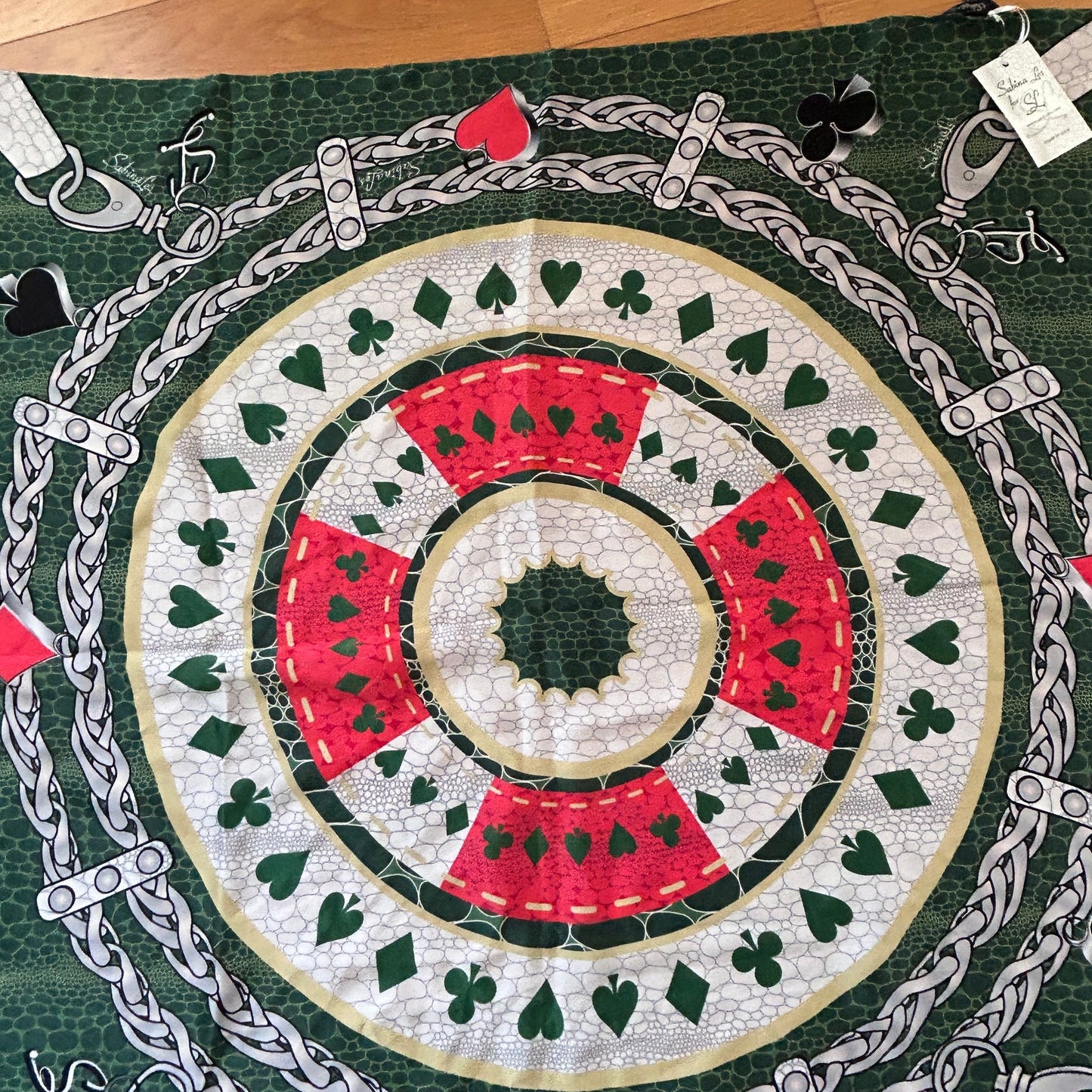 Sabina Les 100% Silk Scarf Green, Yellow, Red Clubs Diamonds Hearts Spades NWT