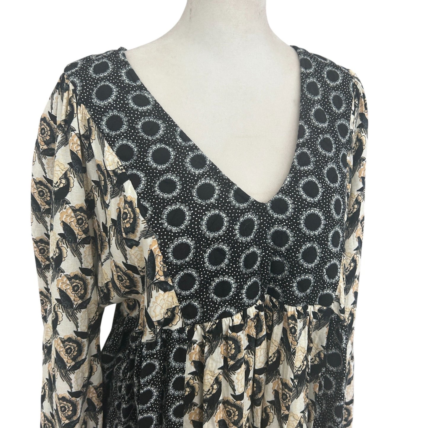 Treasure & Bond Black, Tan, Gold Floral Long Sleeve Maxi Dress Womens Size Large