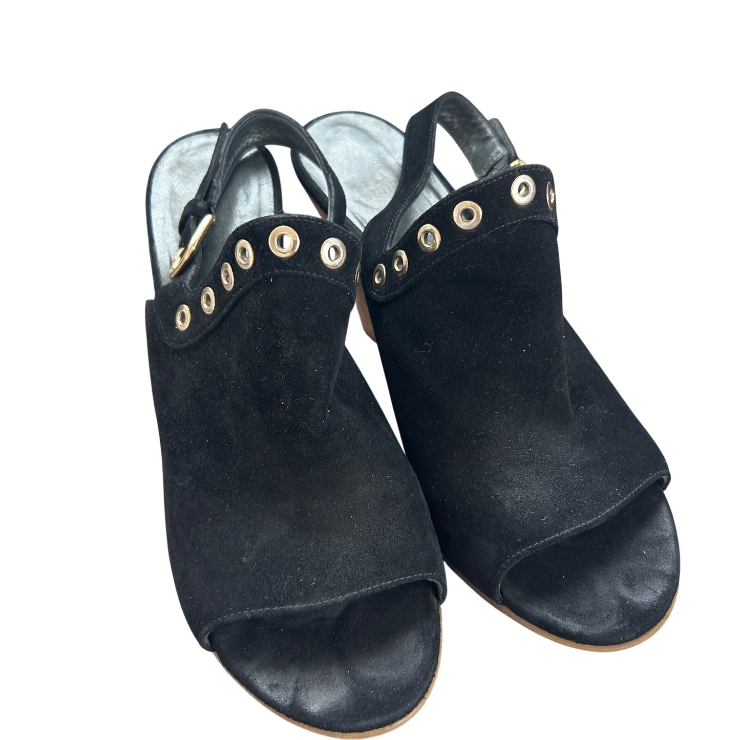 Stuart Weitzman Black Suede Cork Wedge Peep Toe Slingback Sandals Womens Size 9
