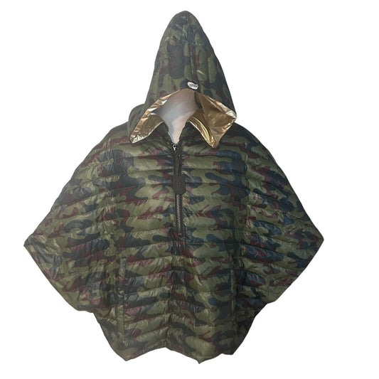Think Royln Green Camo Gold Hooded Quilted Puffer Poncho Womens Size Large