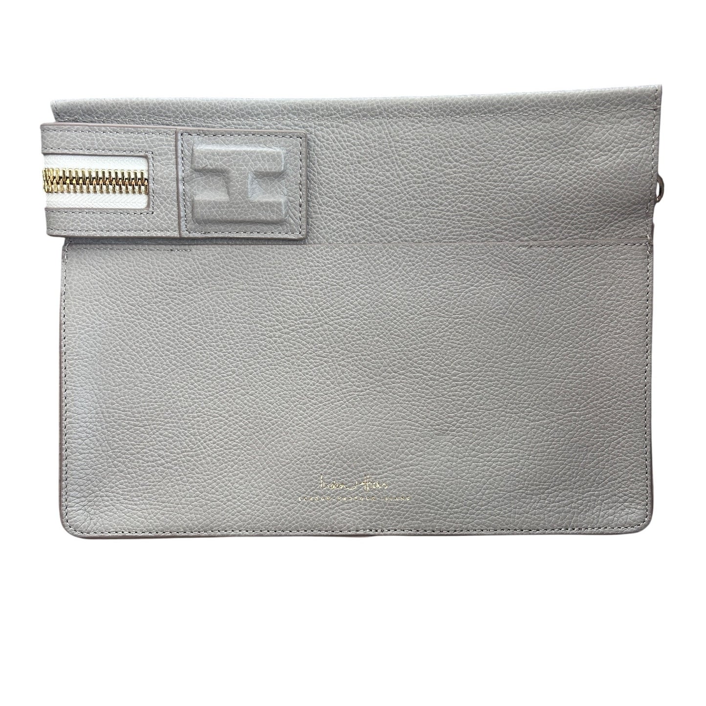 India Hicks Taupe Brown Big Zipper Pebbled Leather Clutch Bag