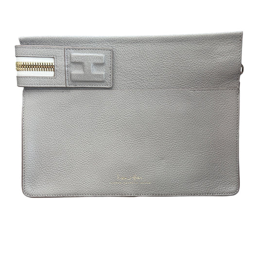 India Hicks Taupe Brown Big Zipper Pebbled Leather Clutch Bag