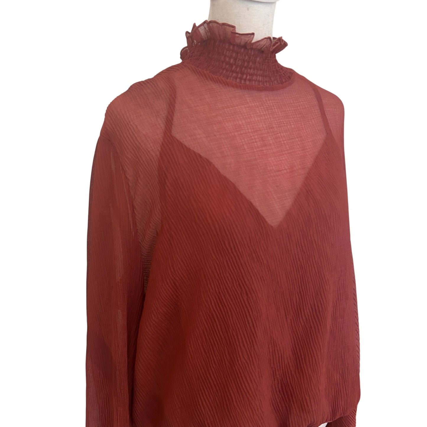 ASTR The Label Brown Long Sleeve Mock Neck Ruffled Blouse Womens Size XL