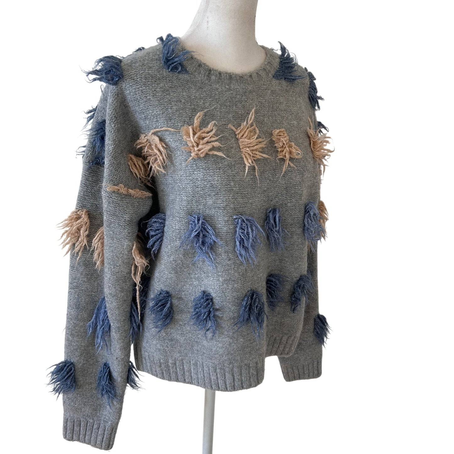 THML Gray, Blue, Tan Fringed Long Sleeve Pullover Sweater Womens Size Small