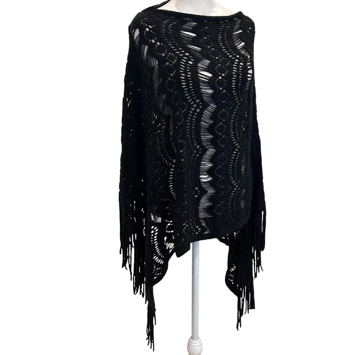 Do Everything In Love Black Crocheted and Fringed Poncho One Size