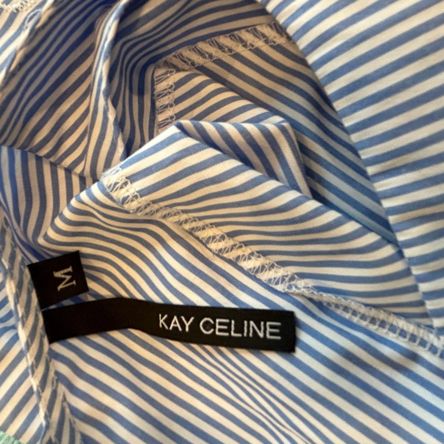 Kay Celine Blue White Stripe Eyelet Trim 3/4 Bell Sleeve Top Womens Size Medium