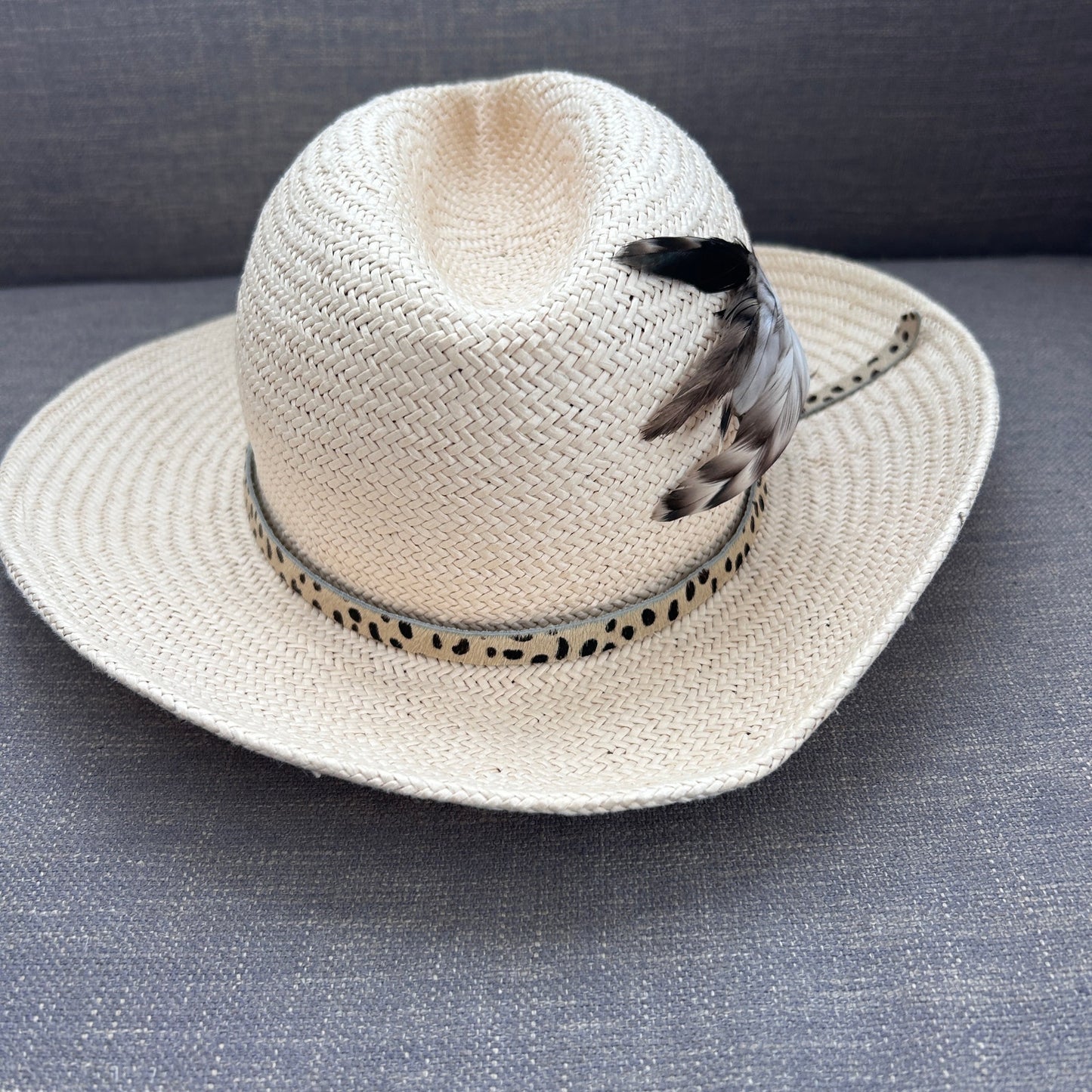 India Hicks Hat Attack Tan Straw Hat With Animal Print Band and Feather