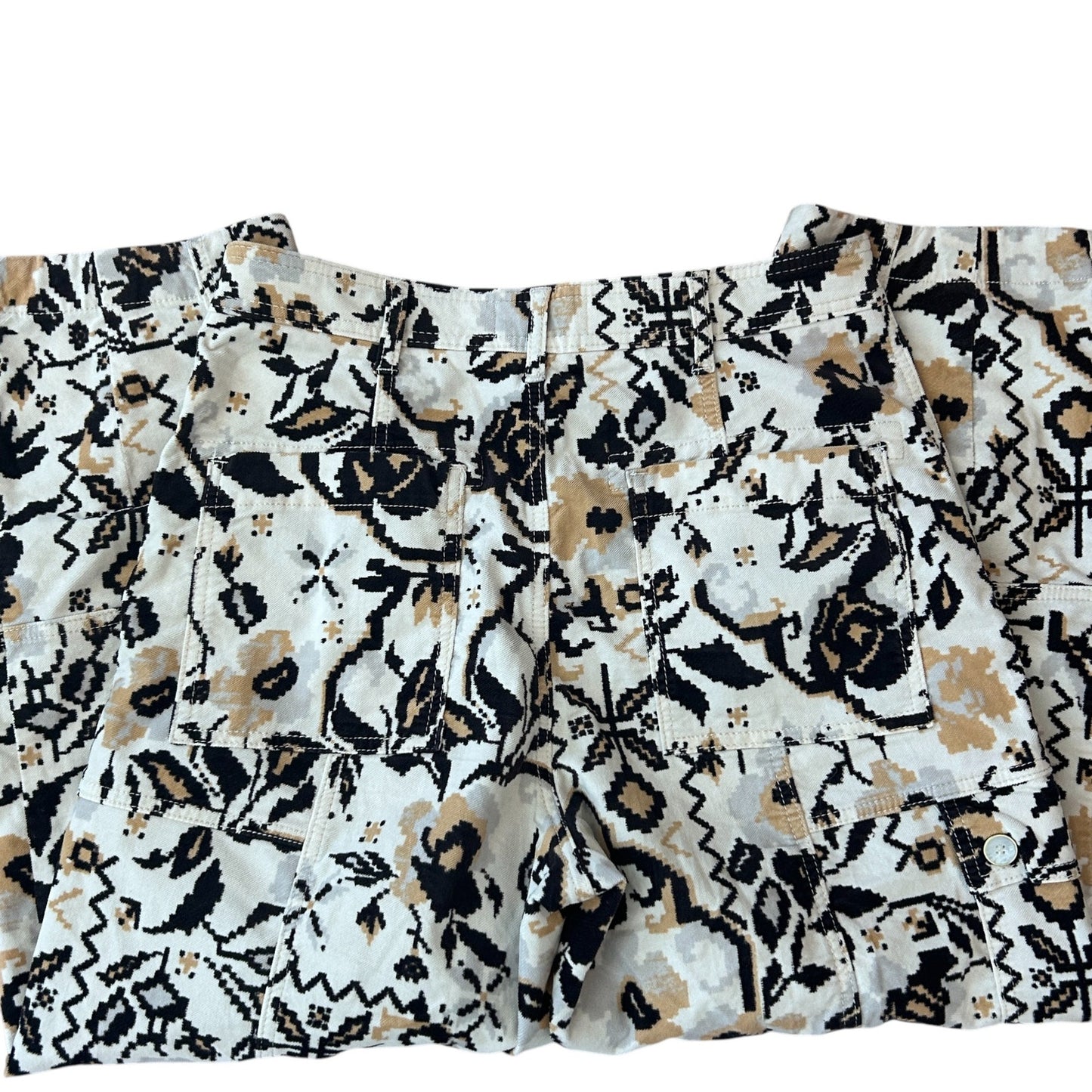 Anthropologie Black, White, Tan Floral Print Velour Tapered Pant Womens Size 10