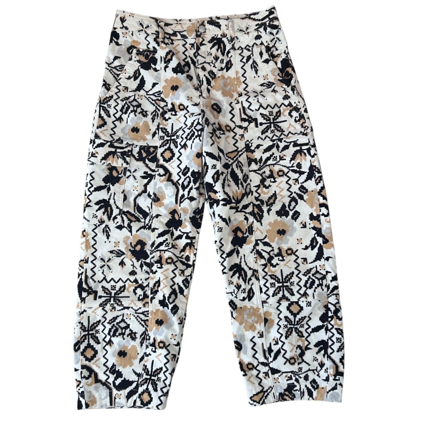Anthropologie Black, White, Tan Floral Print Velour Tapered Pant Womens Size 10