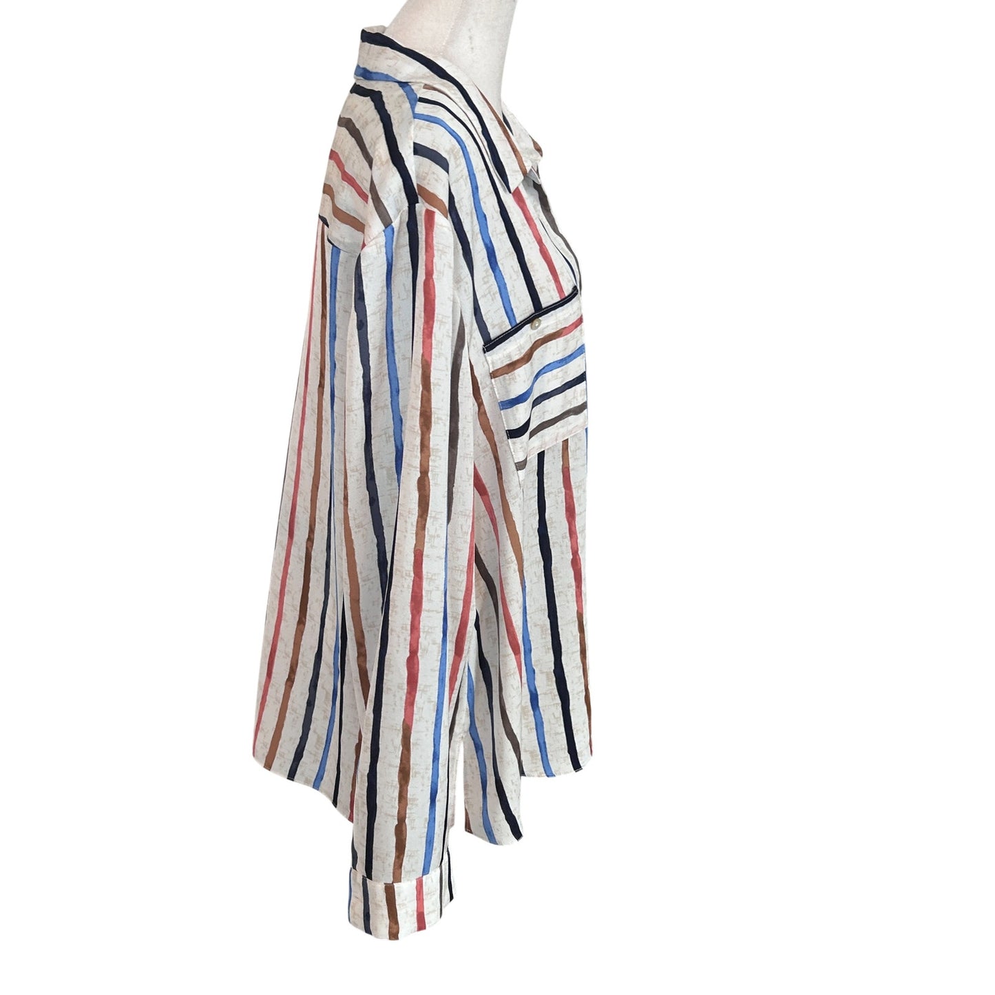 Nic + Zoe Ivory, Blue, Brown Striped V-Neck Top Blouse Womens Size XL