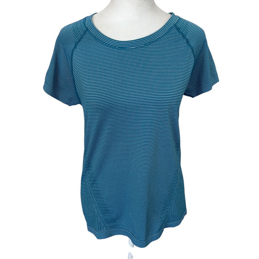 Athleta Teal Mini Stripe Momentum Seamless Short Sleeve Tee Womens Size Medium
