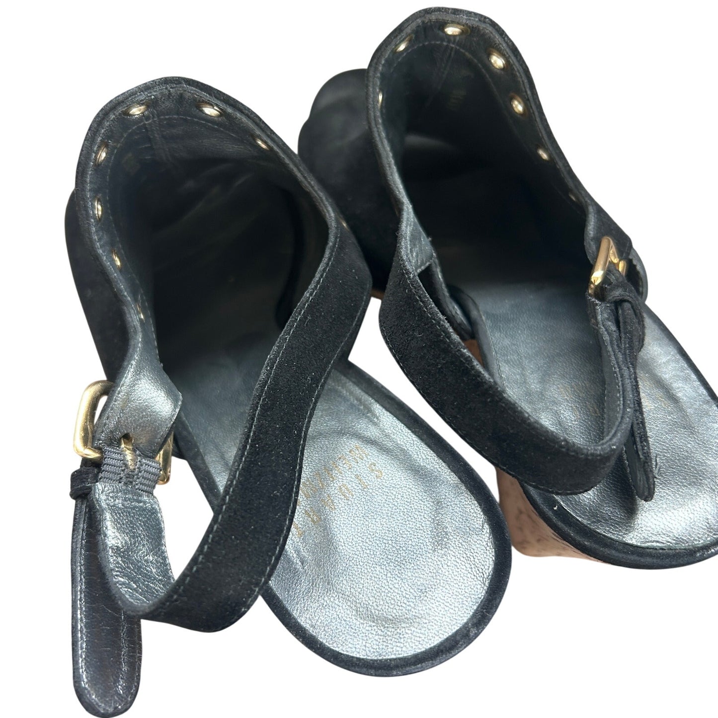 Stuart Weitzman Black Suede Cork Wedge Peep Toe Slingback Sandals Womens Size 9