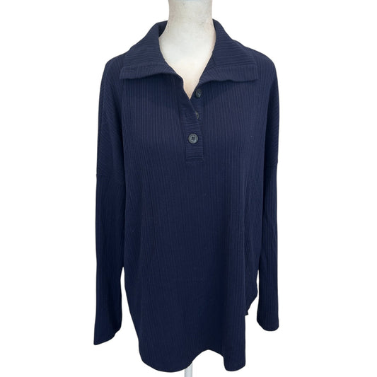 Michael Stars Navy Blue Ribbed Long Sleeve Collared Polo Top Womens Size Medium