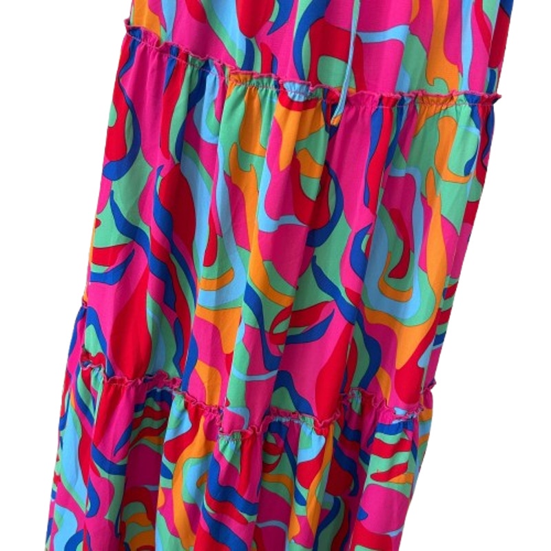 Pink, Blue, Green, Orange, Red Patterned BohoTiered Maxi Skirt Womens Size Small