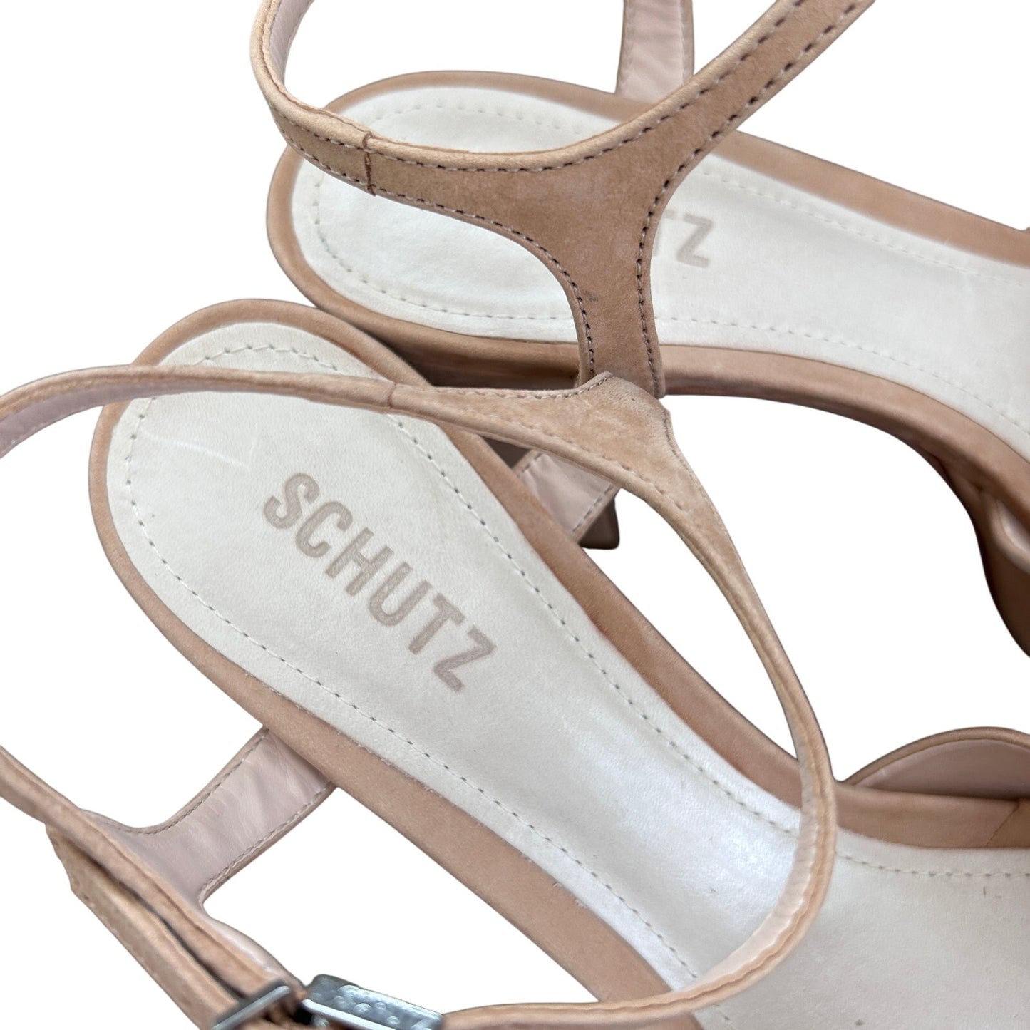 Schutz Keefa Platform Strappy Heels Honey Beige Nubuck Leather Womens Size 8.5