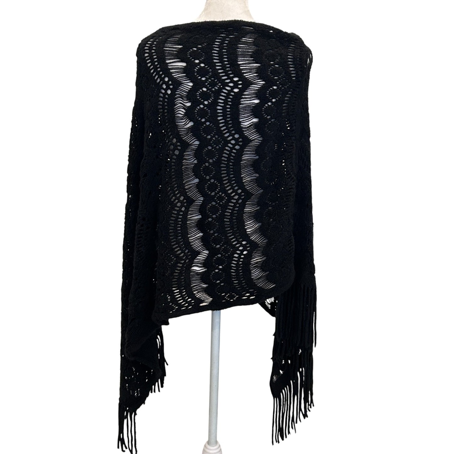 Do Everything In Love Black Crocheted and Fringed Poncho One Size