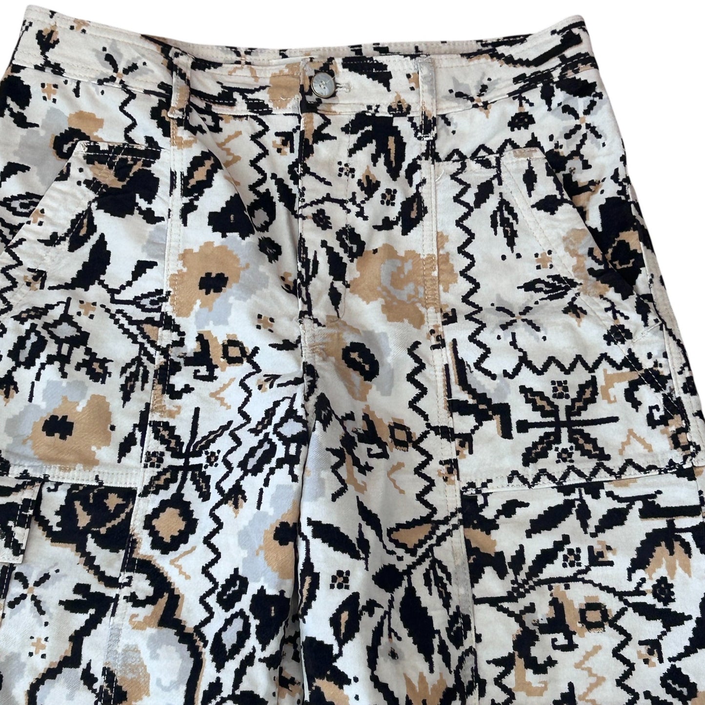 Anthropologie Black, White, Tan Floral Print Velour Tapered Pant Womens Size 10