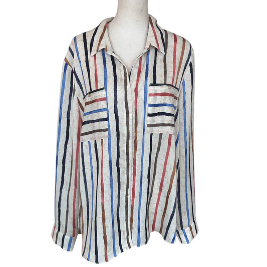 Nic + Zoe Ivory, Blue, Brown Striped V-Neck Top Blouse Womens Size XL