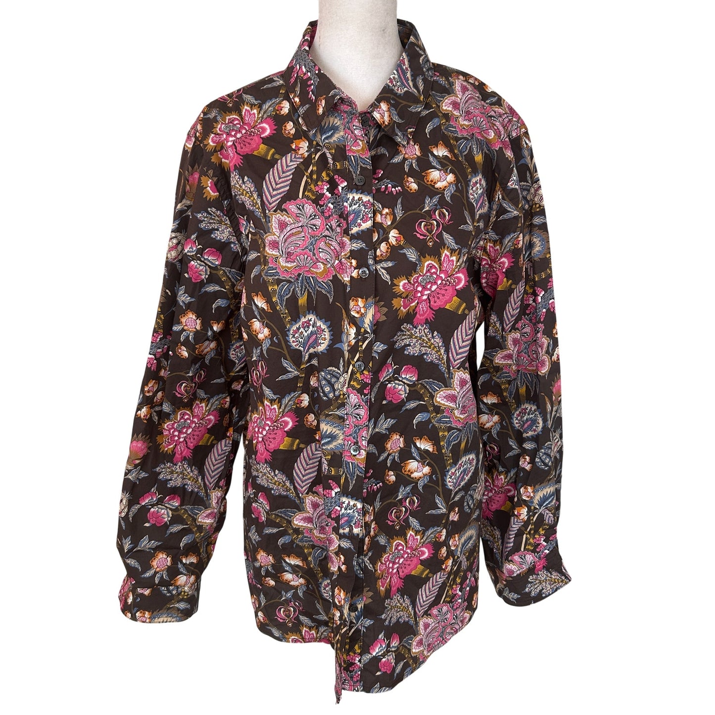 J. McLaughlin Brown and Pink Floral Button Down Top Womens Size XL