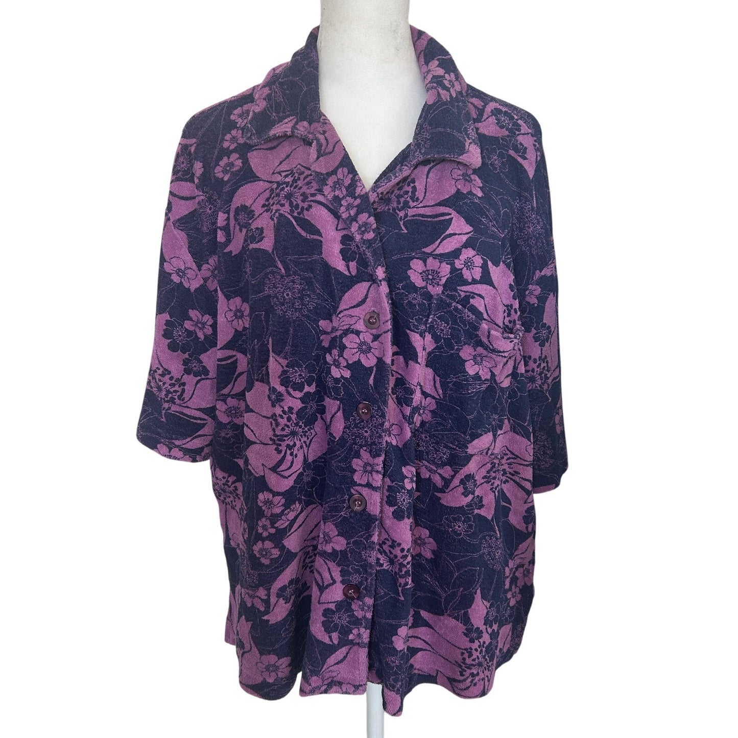 Sundry Purple, Blue Floral Terry Button Down Short Sleeve Top Womens Size Large