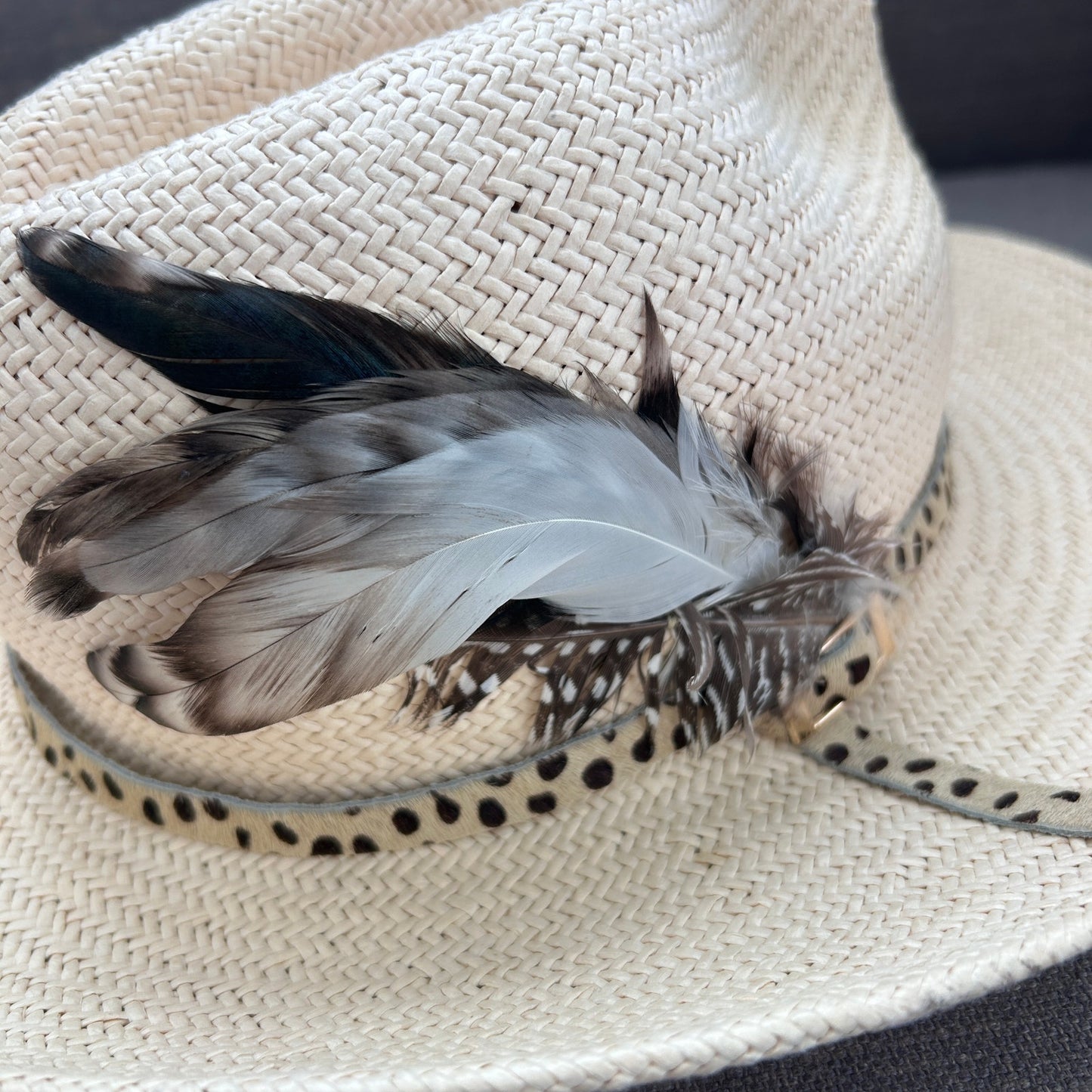 India Hicks Hat Attack Tan Straw Hat With Animal Print Band and Feather