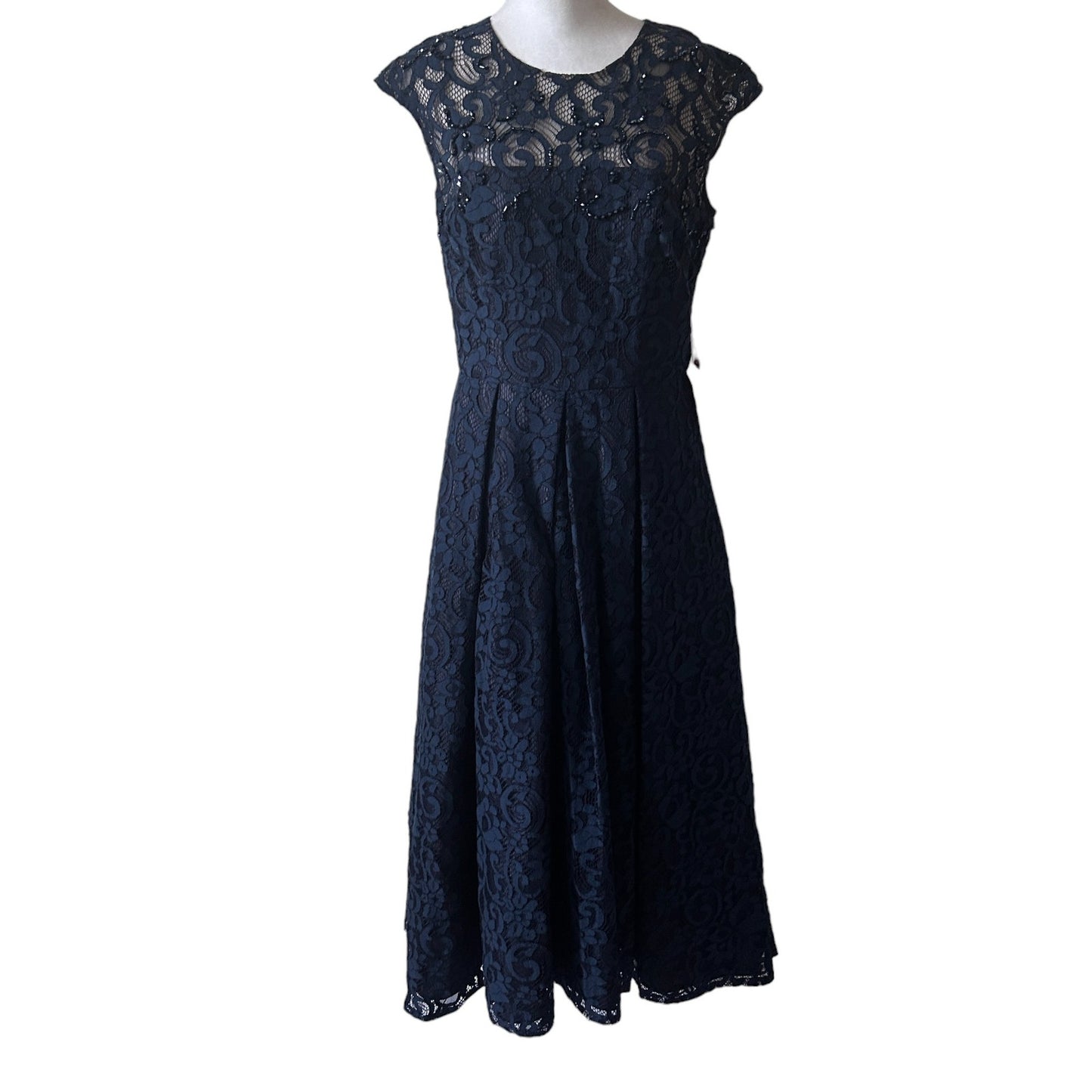 Carmen Marc Valvo Infusion Navy Blue Embellished Lace High Low Dress NEW Size 10