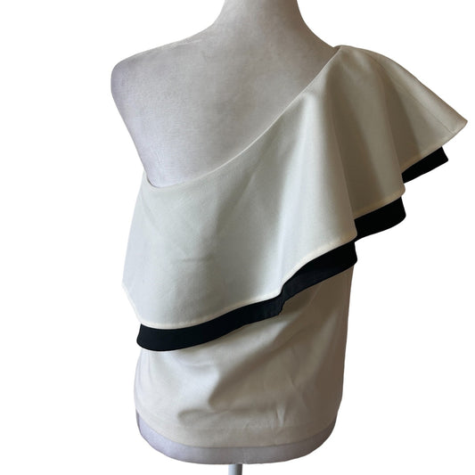 Rachel Zoe Ivory, Black Johanna One Shoulder Flounce Top Womens Size 2
